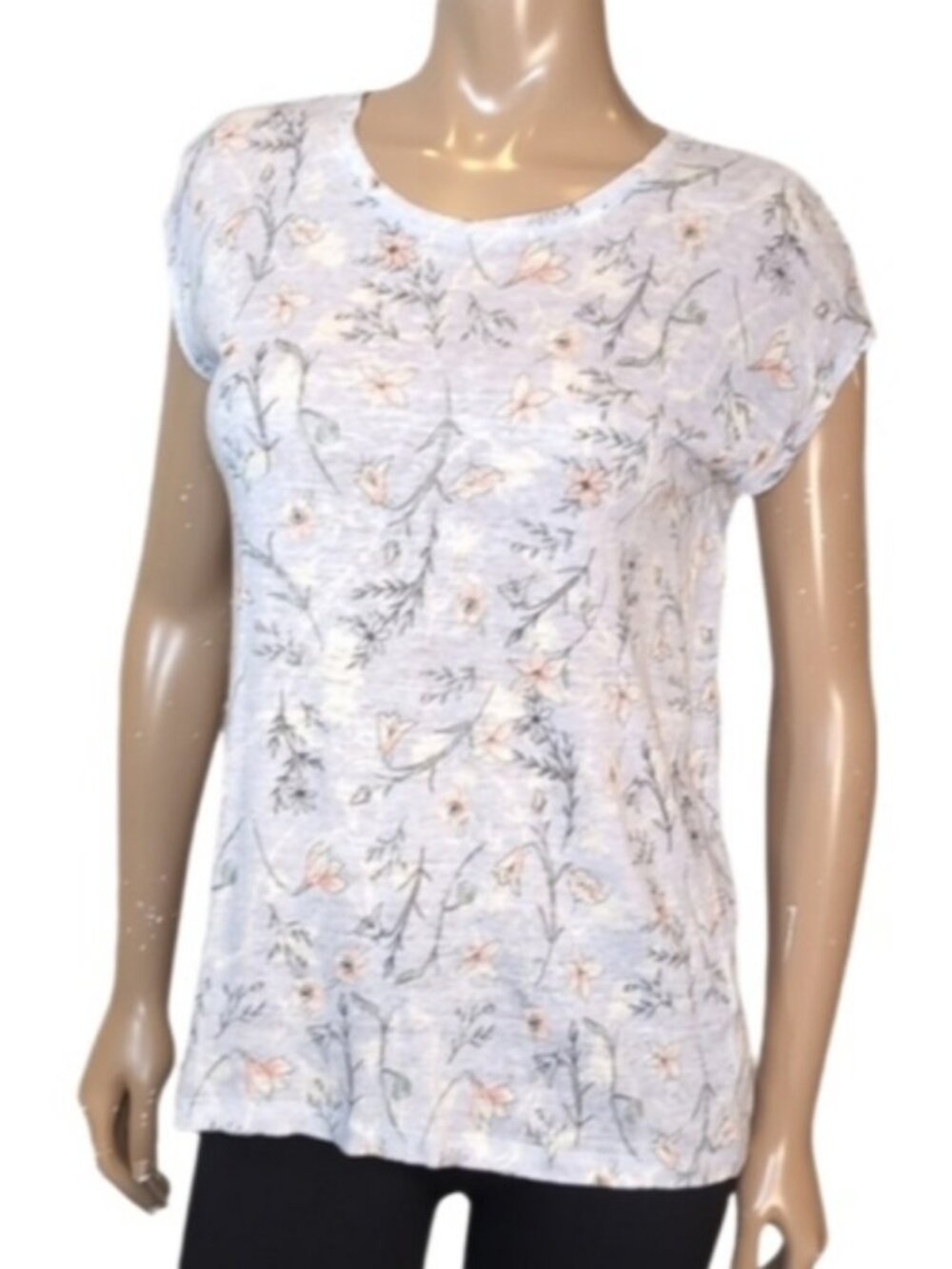 💠 Rachel Ashwell Linen Floral Top Womens Medium Blue Short Sleeve Buttoned